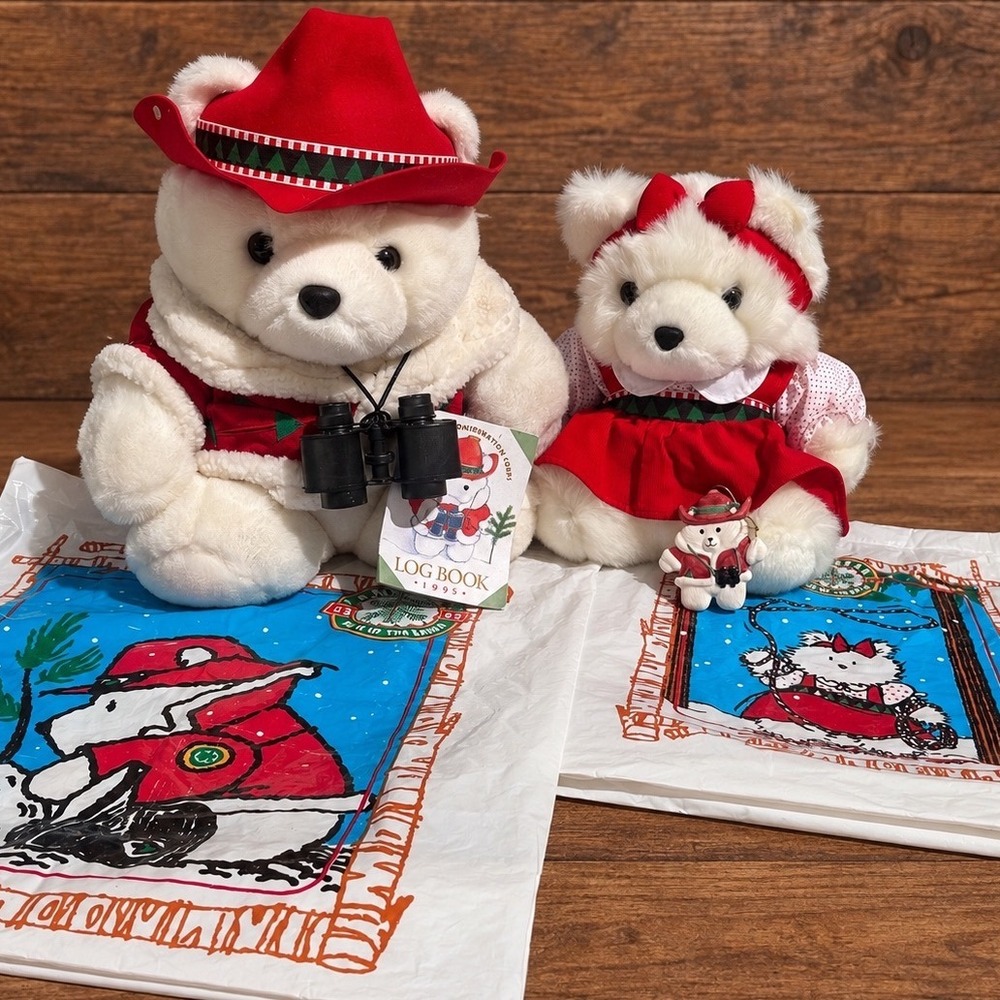 1995 Dayton Hudson Santabear Miss Bear Conservation Corps Plush Set Ornament Bag